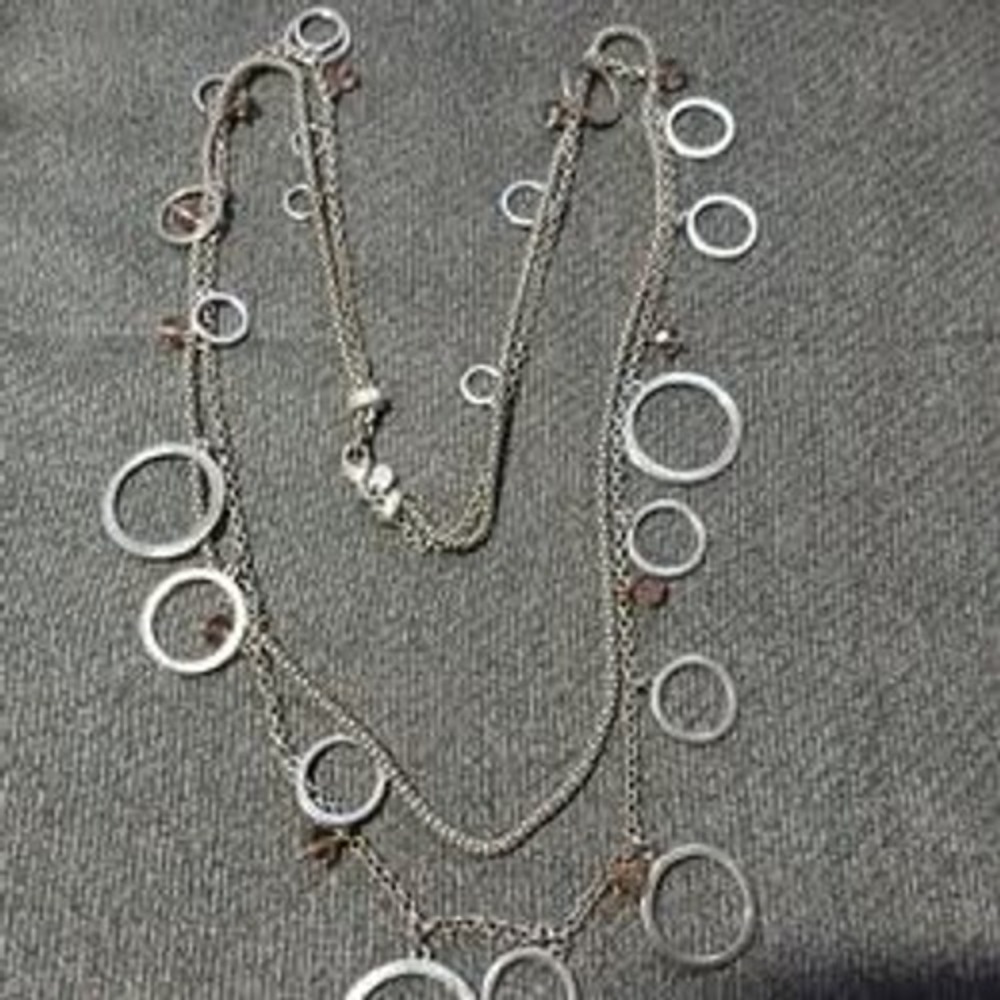 Loft Necklace Silver Long Layered Circle Crystal Charm Boho Multi-Strand 34"